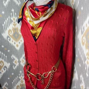 Ralph Lauren Red Tussah Silk Cable-Knit Cardigan Sweater